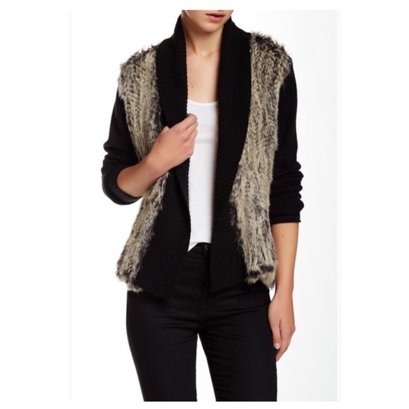 Quinn Sweaters - QUINN Black Dyed Faux Fur Cashmere Cardigan NWT